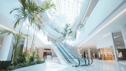 Modern shopping mall interior with bright white architecture and escalator - Powered by Adobe