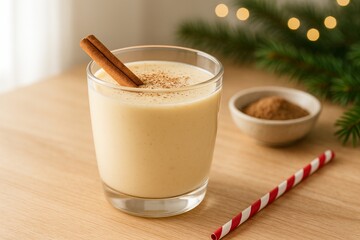 Traditional Eggnog in Glass with Ground Nutmeg Bowl 