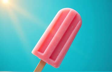 shot pink popsicle ice cream vibrant bright blue background illuminated warm sunlight casting soft golden glow