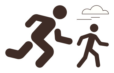 Stylized human figures running, emphasizing pursuit, fitness, or competition under a cloud. Ideal for teamwork, exercise, activity, speed motivation goals success. Simplistic flat metaphor