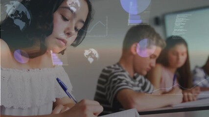 Teenage female left taking notes for class, overlays emerging over students into globes and charts - Powered by Adobe