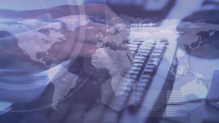 Hands resting then moving into typing, pressing keys while translucent map and HUD updating data - Powered by Adobe