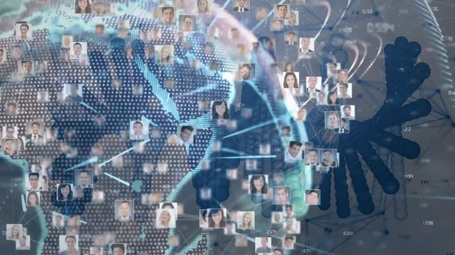 Data feed initiating rotating dotted globe populating user portrait tiles, tracing analytics lines - Powered by Adobe