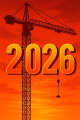 Construction crane and figures of new year 2026 against background of bright red sunset sky, symbolizing construction and future projects related to real estate