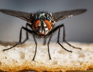 Macro closeup of a housefly on sesame bread, showing detailed wings and texture while highlighting hygiene risks and food contamination concerns.
