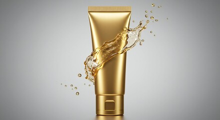 Golden Cosmetic Tube with Splashing Essence Depicting Luxurious Skincare Treatment