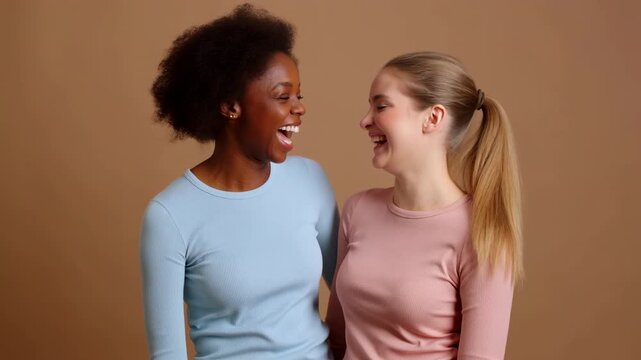 women of contrasting appearances sharing affectionate embrace reflecting friendship and happiness