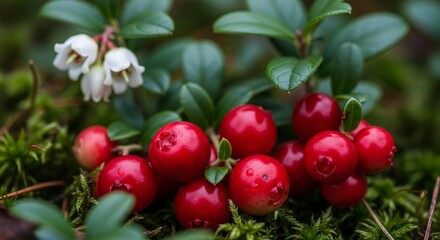 Close-up image of vibrant red berries and delicate white flowers in natural setting