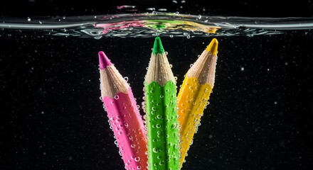 Vibrant colored pencils submerged in water creating a dynamic splash effect