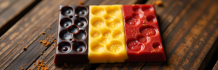 shot belgian flag rendered rich dark chocolate textures subtle waffle patterns splatters ale