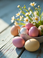 perspective delicate floral arrangement amidst intricately placed easter eggs weathered gray wooden surface