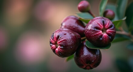 Vibrant close-up view of ripe maroon guava fruit clusters on the tree branch