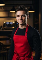 Portrait of a confident barista standing in a cozy coffee shop ambience with a warm smile