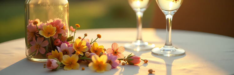 wildflowers spilling vintage glass bottle onto two elegant wine glasses warm beige tablecloth illuminated soft