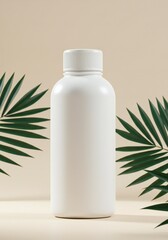 Minimalist wellness: White bottle juxtaposed with lush fronds against a neutral backdrop