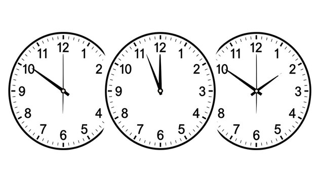 Three white analog clocks display different times 958, 1159, & 102. Simple, clean, clock faces