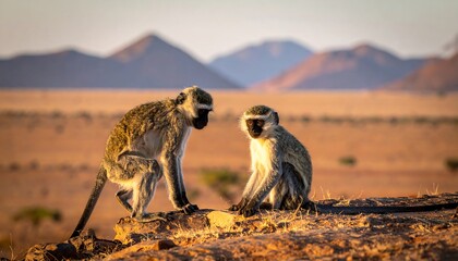 Two monkeys sitting atop rocks against a background of distant mountains and dry, golden grasses under a sunny sky
