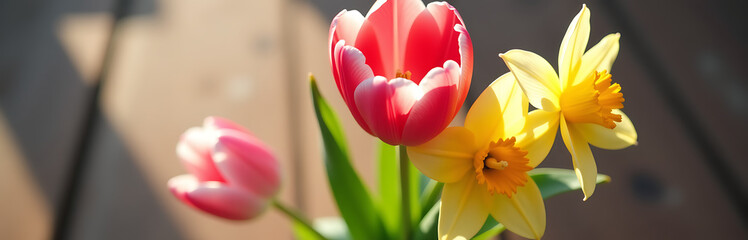 three vibrant spring flowers delicate cherry blossoms tulips daffodils intertwined lush soft focus bathed