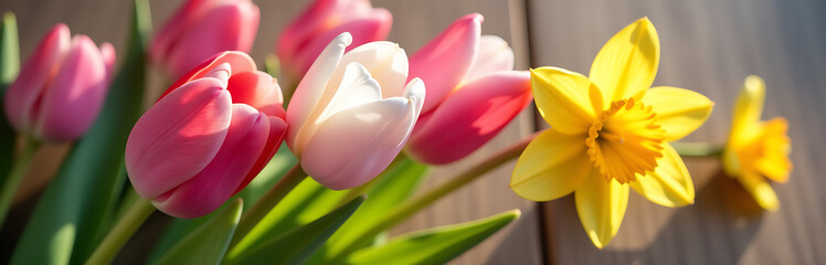 three vibrant spring flowers delicate cherry blossoms tulips daffodils intertwined lush soft focus bathed