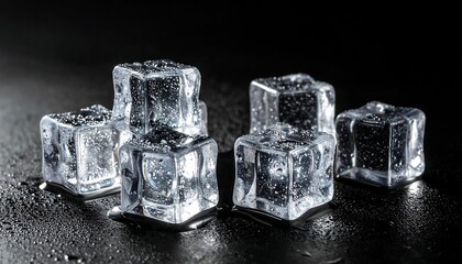 A cluster of clear ice cubes, some stacked, with melting water glistening on a dark, textured surface