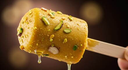 Delicious and golden kulfi with dripping syrup and pistachio flakes provides a refreshing indulgence
