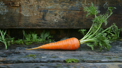 Rustic Wooden Surface Showcases a Freshly Harvested Orange Carrot with Verdant Greens