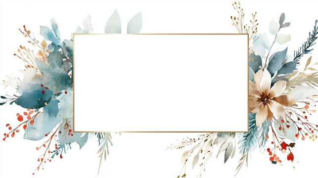 Elegant watercolor floral frame with gold border – invitation, wedding and stationery design concept