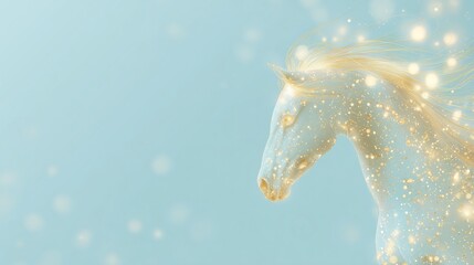 Horse made of sparkling particles running on light background – fantasy art, creative motion and magical energy concept