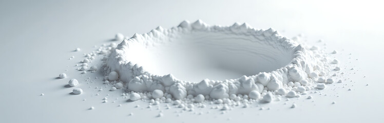 pristine white powder minimalist surface surrounding delicate rounded impact crater cast soft diffused light