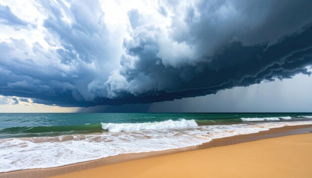 Stormy clouds above ocean beach with dark sky, and dramatic weather.