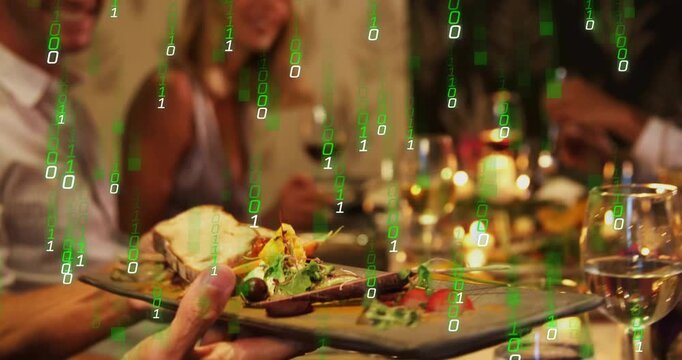 Guest passing platter as diners reaching, placing bread for dining, green binary overlay appearing