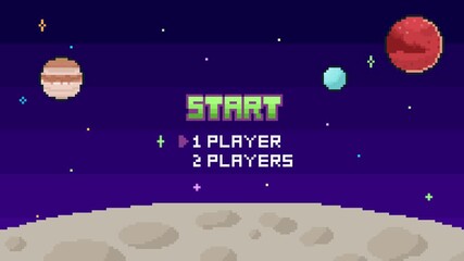 8-bit pixel art start, player text on a starry planet cosmic space background. space game start screen. looped animation 4k 30fps - Powered by Adobe