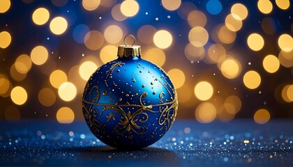 A festive blue ornament with golden accents sits against a backdrop of blurred lights, twinkling with glittery dust