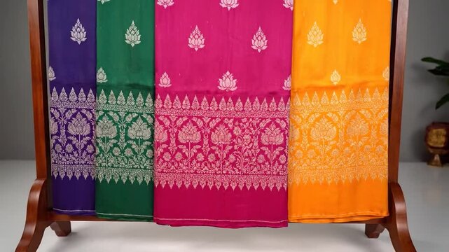 Four colorful textile panels, showcasing floral patterns in shades of purple, green, pink and orange