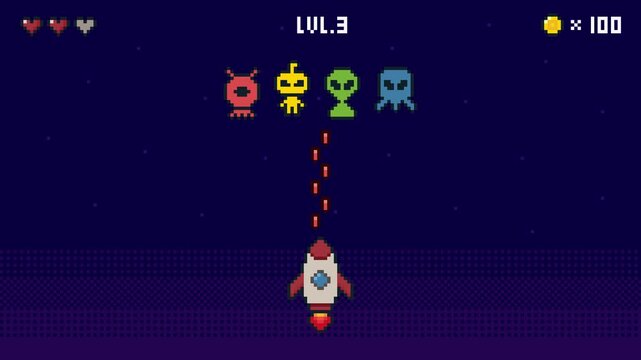 8-bit pixel art space game with a rocket that strikes with missiles and colorful monsters. looped animation 4k 30fps