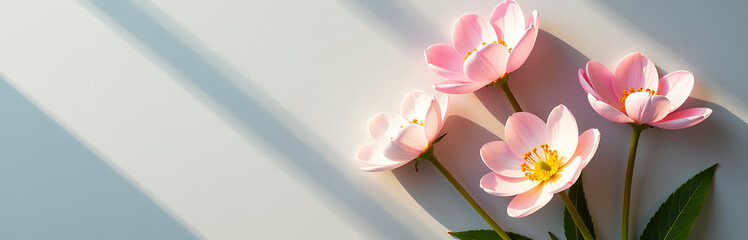 delicate spring flowers arranged artfully soft gray backdrop bathed warm natural sunlight casts subtle