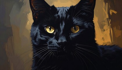 A sleek, black cat with captivating yellow eyes stares intently against a blurred, abstract painted background