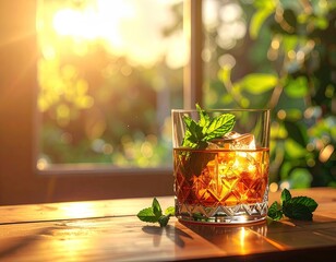 Golden drink with mint near a window bathed in bright light