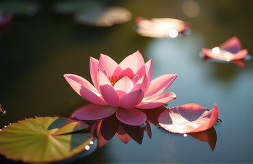 delicate pink rose petals gently floating surface serene pond surrounded warm sunlight casting soft ripples