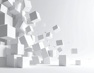 Floating white cubes in a dynamic, abstract composition