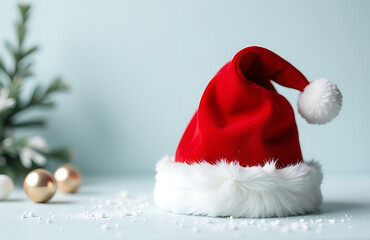 whimsical santa hat design vibrant backdrop surrounded minimalist winter elements soft focus
