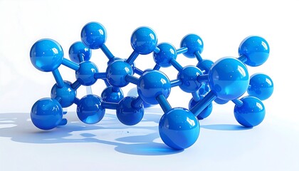 Blue spheres are interconnected by sticks forming a network of abstract molecular structure against white