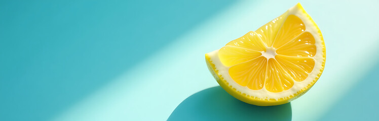 vibrant yellow lemon slice placed delicately atop brilliant light blue background illuminated warm sunshine casting