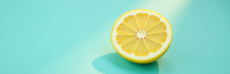 vibrant yellow lemon slice placed delicately atop brilliant light blue background illuminated warm sunshine casting