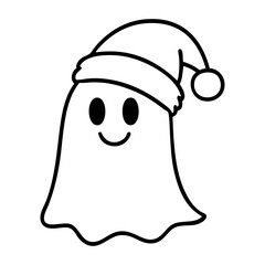 Dibujo sencillo con líneas de fantasma simpático con sombrero de Santa Claus para tarjetas y felicitaciones de Navidad