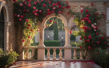 Romantic Mediterranean Stone Archway with Red Roses and Sunlit Garden Balcony Backdrop