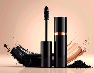 Mascara tubes, brush, and makeup smears on a light backdrop