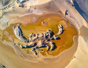 Crab-shaped rock formation in a desert oasis, aerial view