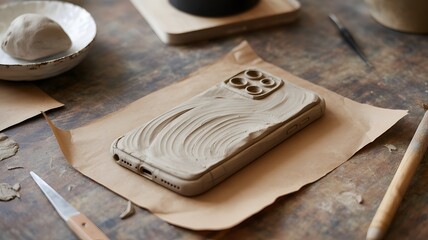 Creative phone case design using clay on craft table