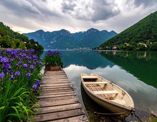 Serene lake scene with wooden dock, boat, flowers, mountains